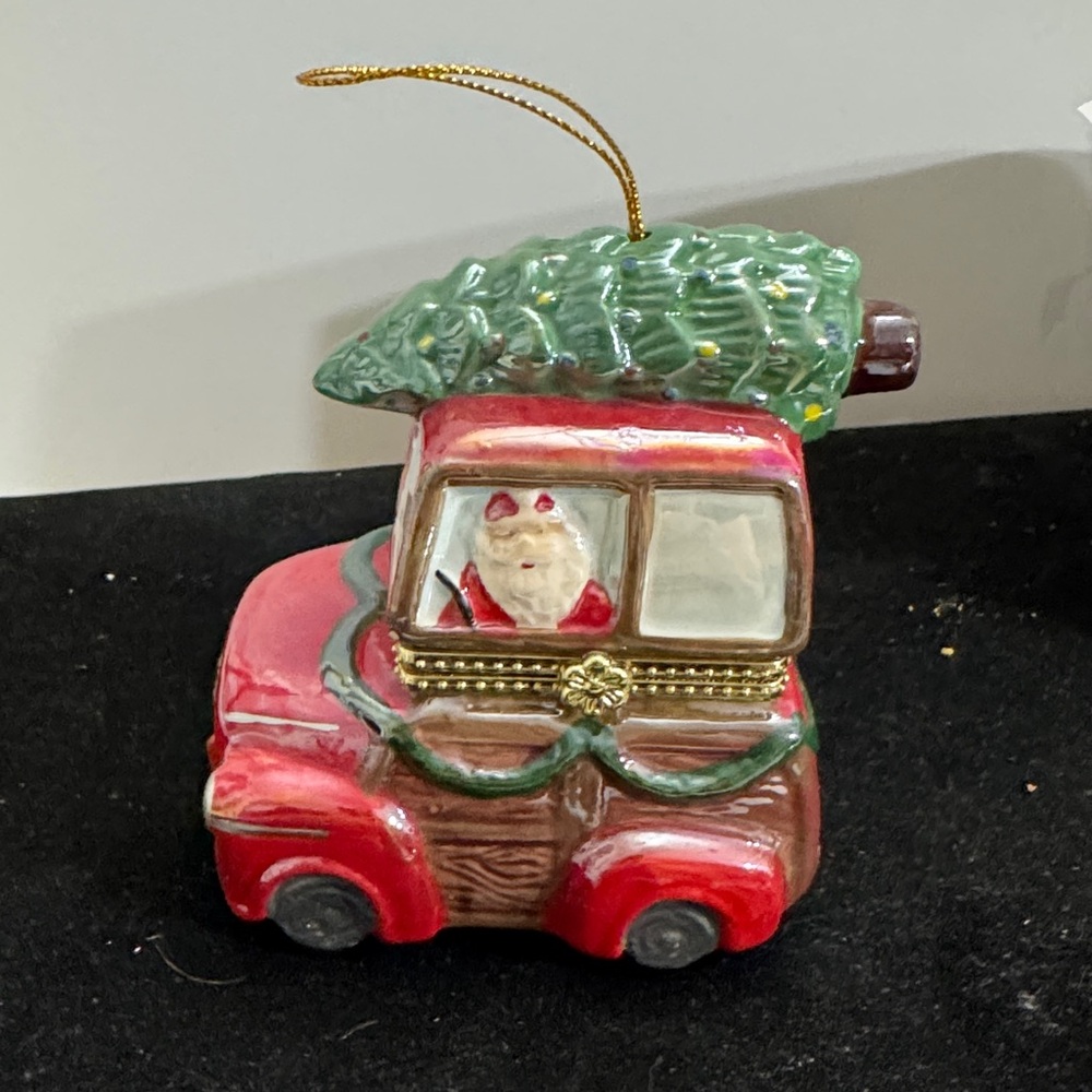 Mr. Christmas Porcelain Tree Hinged Music Box Ornament with Santa in Car